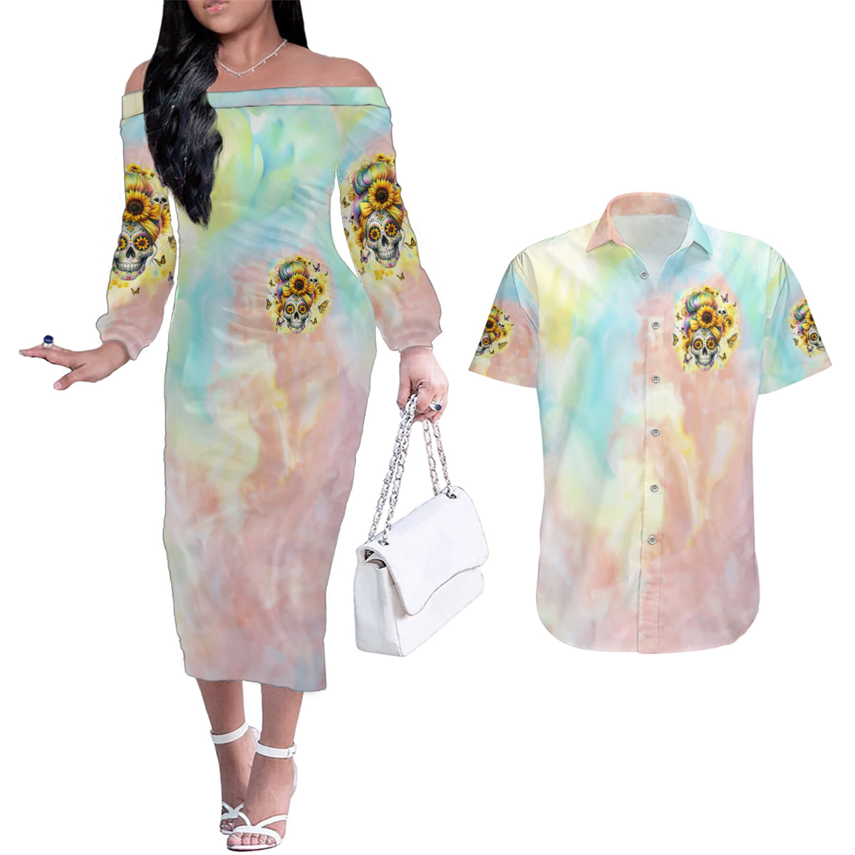 Sunflower Skull Couples Matching Off The Shoulder Long Sleeve Dress and Hawaiian Shirt She Is Sunshine Mixed With A Little Hurricane - Wonder Print Shop