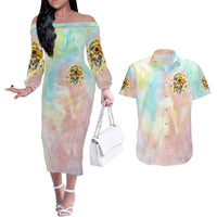 Sunflower Skull Couples Matching Off The Shoulder Long Sleeve Dress and Hawaiian Shirt She Is Sunshine Mixed With A Little Hurricane - Wonder Print Shop