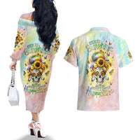 Sunflower Skull Couples Matching Off The Shoulder Long Sleeve Dress and Hawaiian Shirt She Is Sunshine Mixed With A Little Hurricane - Wonder Print Shop