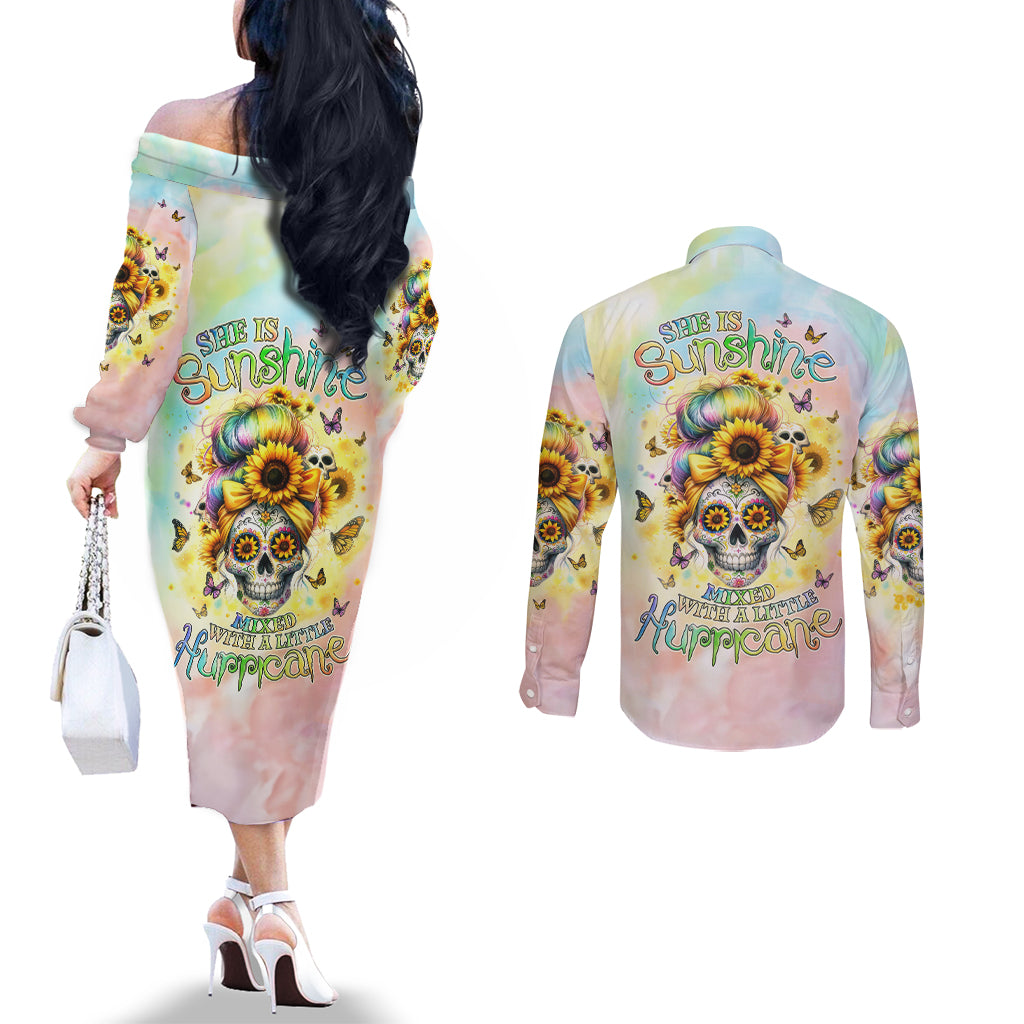 Sunflower Skull Couples Matching Off The Shoulder Long Sleeve Dress and Long Sleeve Button Shirt She Is Sunshine Mixed With A Little Hurricane