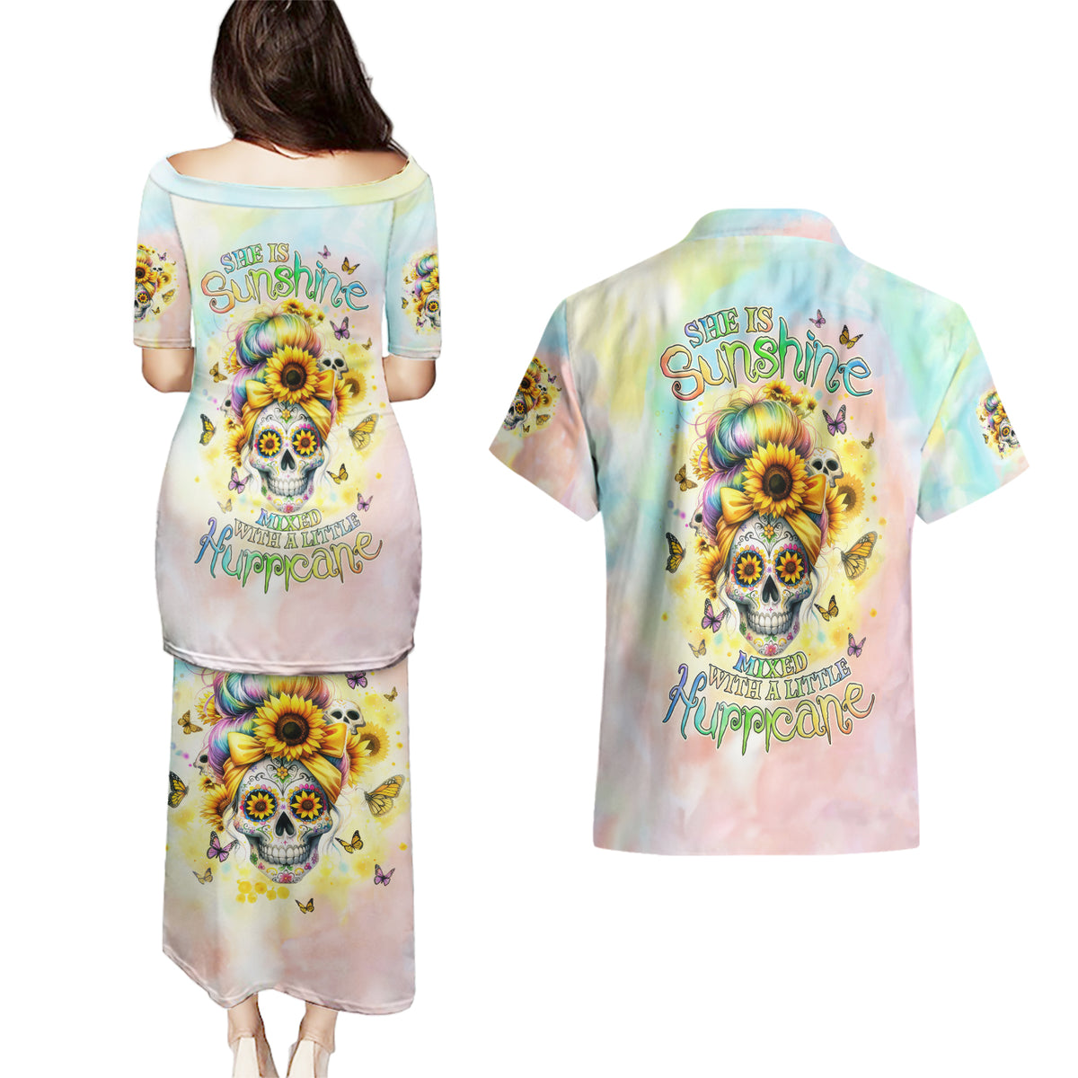 Sunflower Skull Couples Matching Puletasi and Hawaiian Shirt She Is Sunshine Mixed With A Little Hurricane - Wonder Print Shop