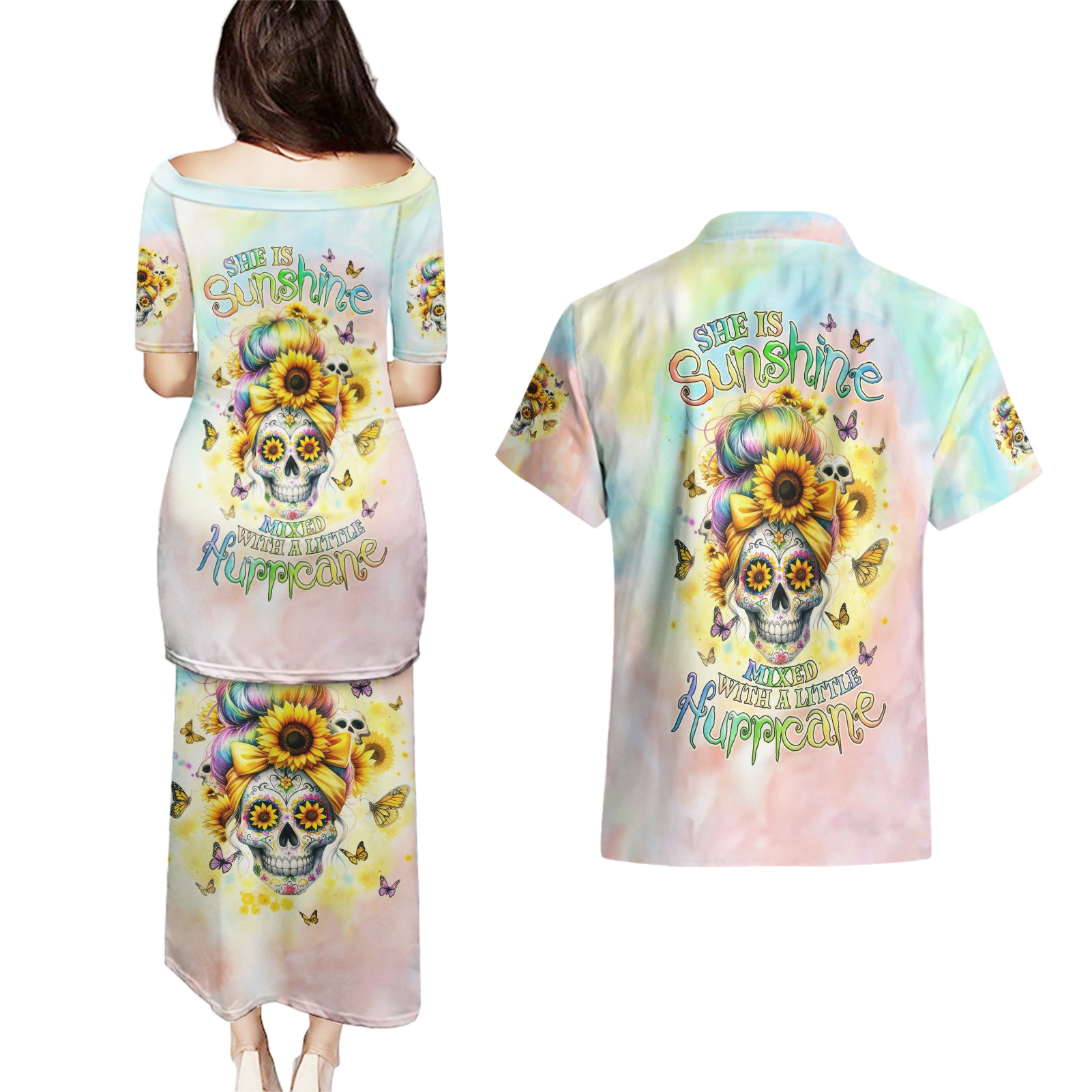 Sunflower Skull Couples Matching Puletasi and Hawaiian Shirt She Is Sunshine Mixed With A Little Hurricane - Wonder Print Shop