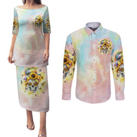 Sunflower Skull Couples Matching Puletasi and Long Sleeve Button Shirt She Is Sunshine Mixed With A Little Hurricane - Wonder Print Shop