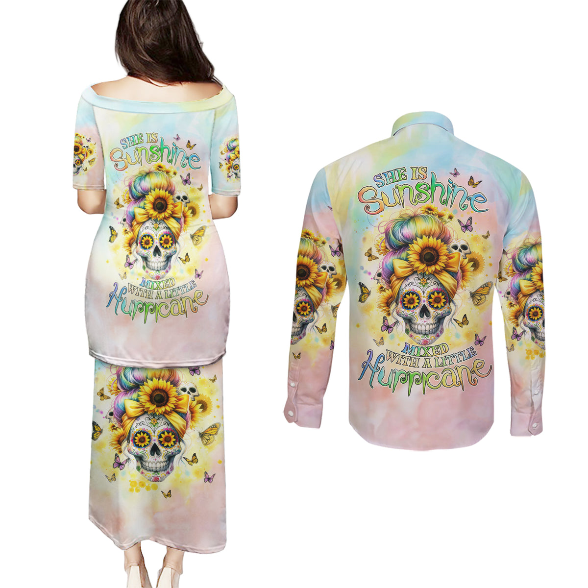Sunflower Skull Couples Matching Puletasi and Long Sleeve Button Shirt She Is Sunshine Mixed With A Little Hurricane - Wonder Print Shop