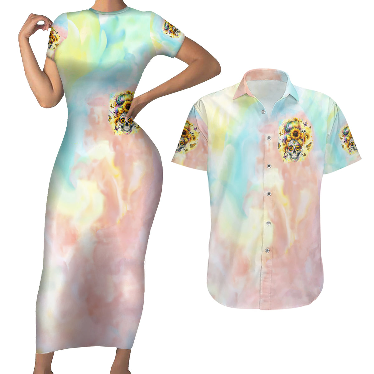 Sunflower Skull Couples Matching Short Sleeve Bodycon Dress and Hawaiian Shirt She Is Sunshine Mixed With A Little Hurricane - Wonder Print Shop