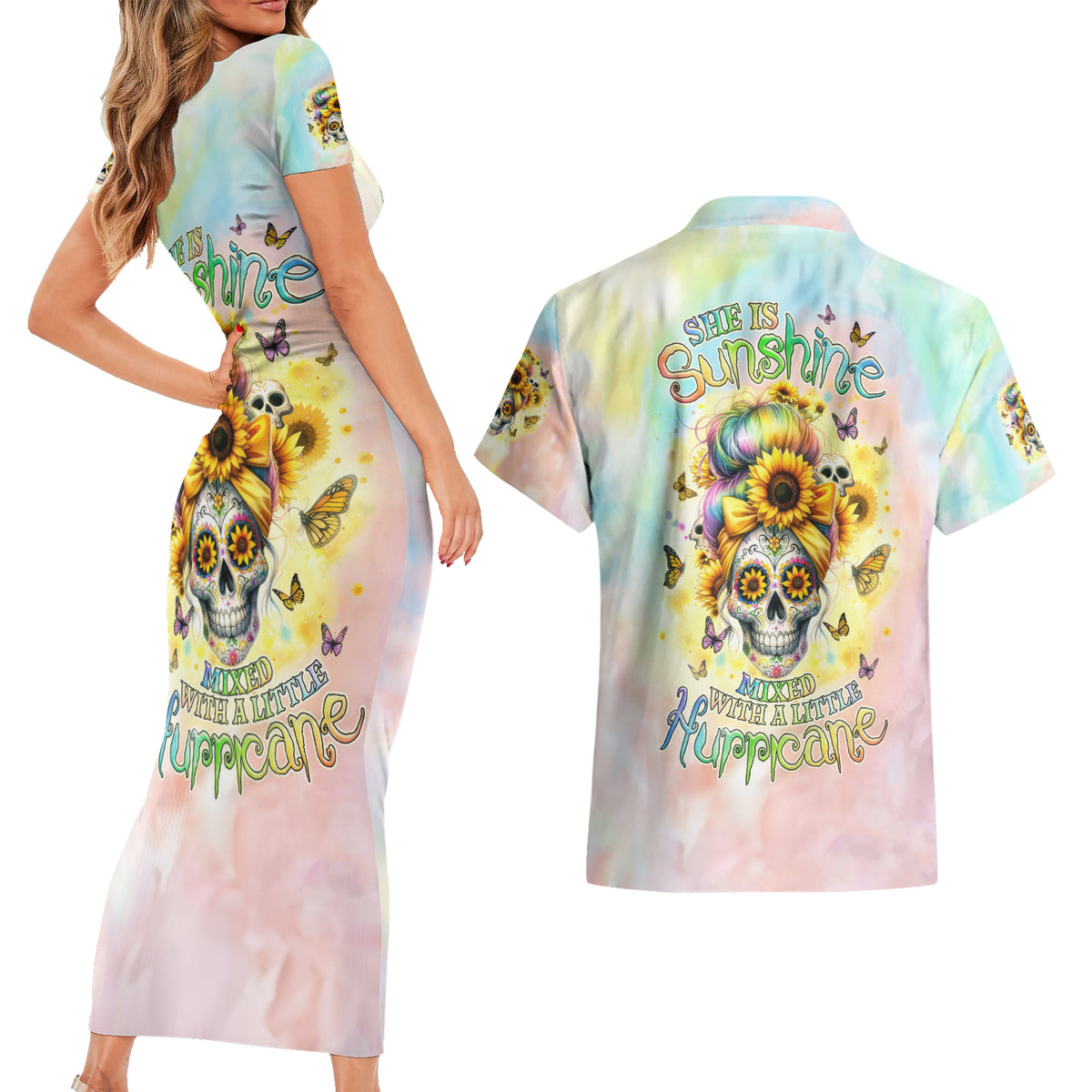 Sunflower Skull Couples Matching Short Sleeve Bodycon Dress and Hawaiian Shirt She Is Sunshine Mixed With A Little Hurricane - Wonder Print Shop