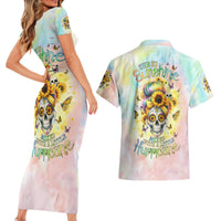 Sunflower Skull Couples Matching Short Sleeve Bodycon Dress and Hawaiian Shirt She Is Sunshine Mixed With A Little Hurricane - Wonder Print Shop