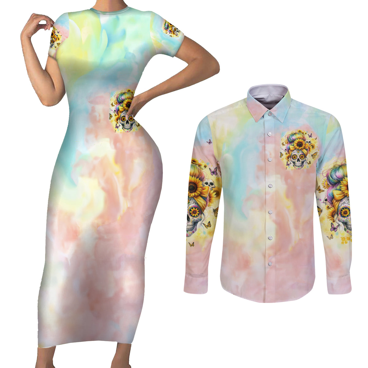 Sunflower Skull Couples Matching Short Sleeve Bodycon Dress and Long Sleeve Button Shirt She Is Sunshine Mixed With A Little Hurricane - Wonder Print Shop