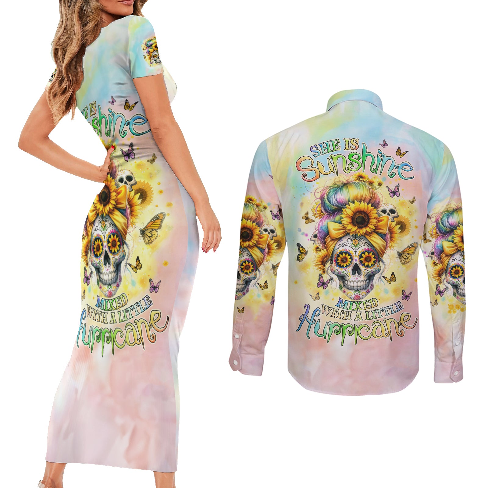Sunflower Skull Couples Matching Short Sleeve Bodycon Dress and Long Sleeve Button Shirt She Is Sunshine Mixed With A Little Hurricane - Wonder Print Shop