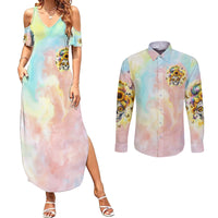 Sunflower Skull Couples Matching Summer Maxi Dress and Long Sleeve Button Shirt She Is Sunshine Mixed With A Little Hurricane - Wonder Print Shop