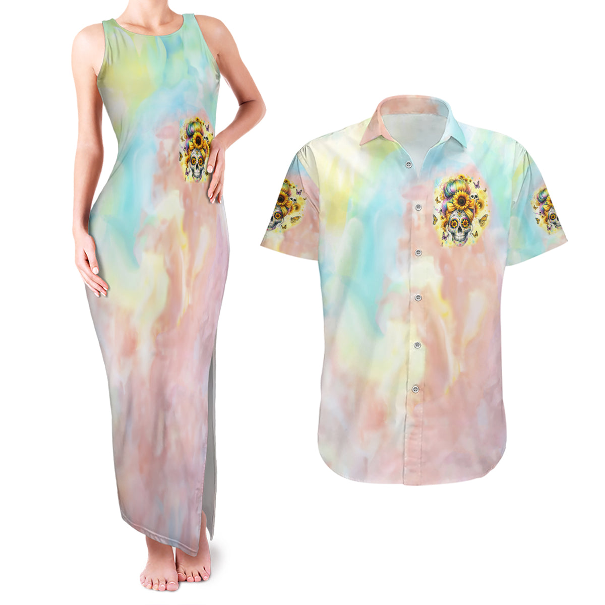 Sunflower Skull Couples Matching Tank Maxi Dress and Hawaiian Shirt She Is Sunshine Mixed With A Little Hurricane - Wonder Print Shop