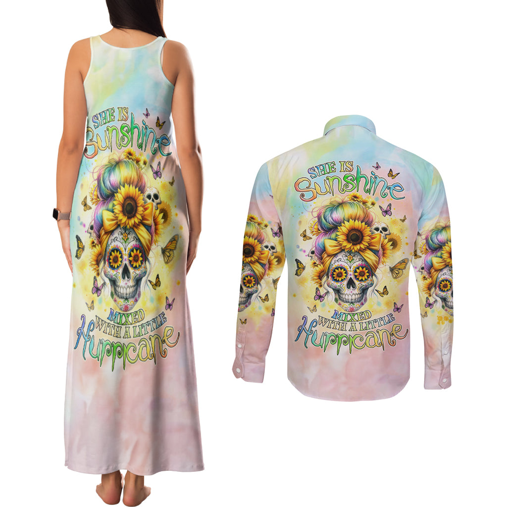 Sunflower Skull Couples Matching Tank Maxi Dress and Long Sleeve Button Shirt She Is Sunshine Mixed With A Little Hurricane - Wonder Print Shop
