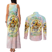 Sunflower Skull Couples Matching Tank Maxi Dress and Long Sleeve Button Shirt She Is Sunshine Mixed With A Little Hurricane - Wonder Print Shop