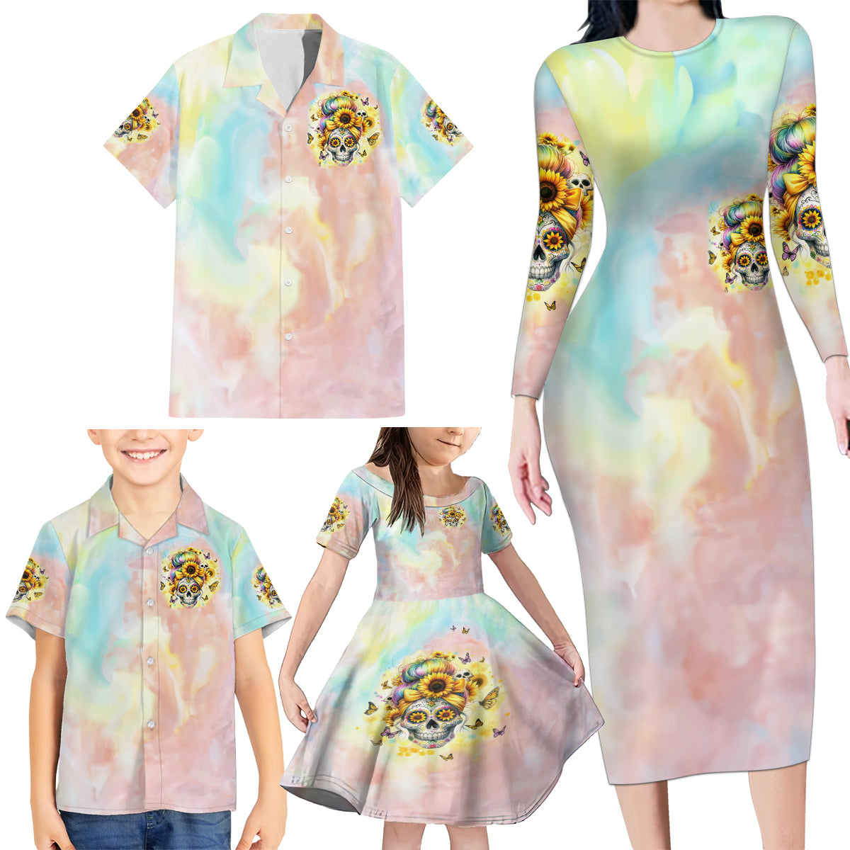 Sunflower Skull Family Matching Long Sleeve Bodycon Dress and Hawaiian Shirt She Is Sunshine Mixed With A Little Hurricane - Wonder Print Shop