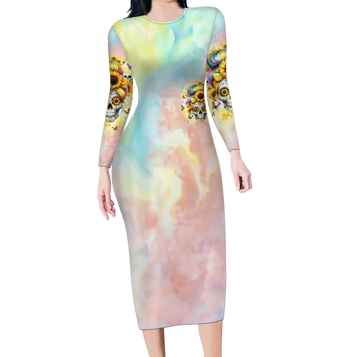 Sunflower Skull Family Matching Long Sleeve Bodycon Dress and Hawaiian Shirt She Is Sunshine Mixed With A Little Hurricane - Wonder Print Shop