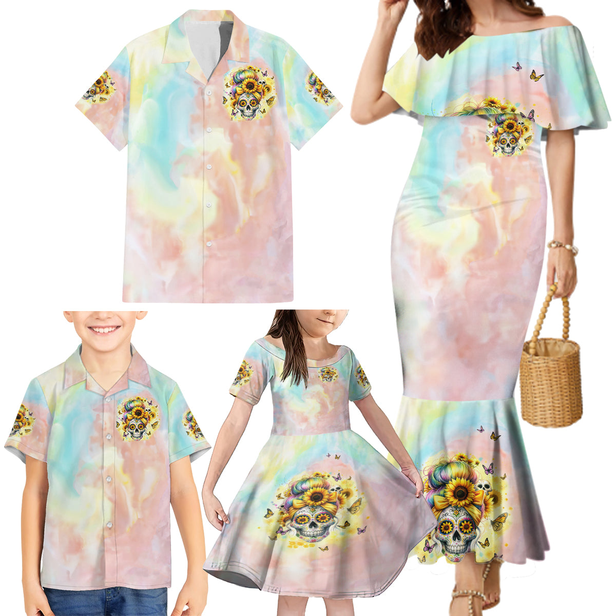 Sunflower Skull Family Matching Mermaid Dress and Hawaiian Shirt She Is Sunshine Mixed With A Little Hurricane - Wonder Print Shop