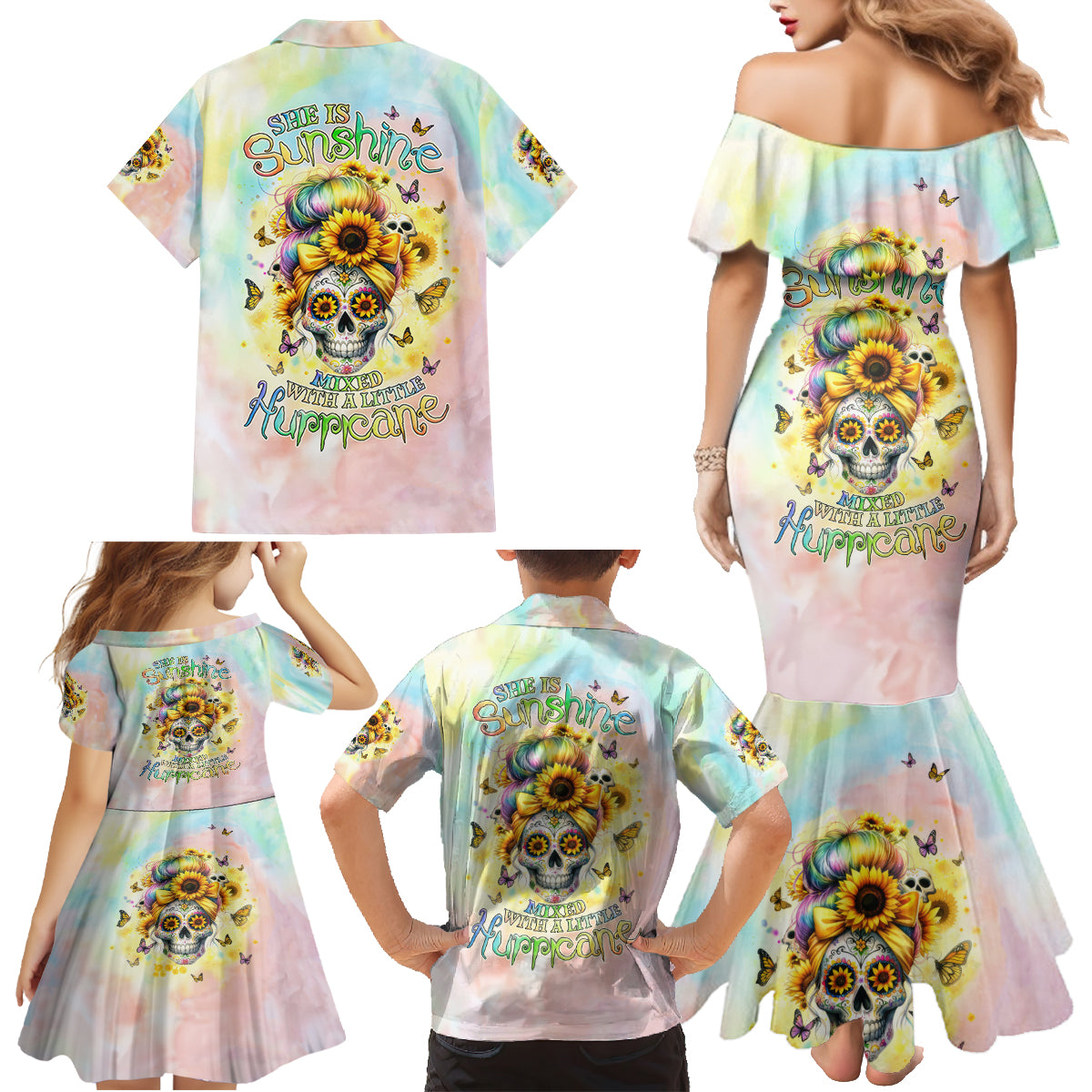 Sunflower Skull Family Matching Mermaid Dress and Hawaiian Shirt She Is Sunshine Mixed With A Little Hurricane - Wonder Print Shop