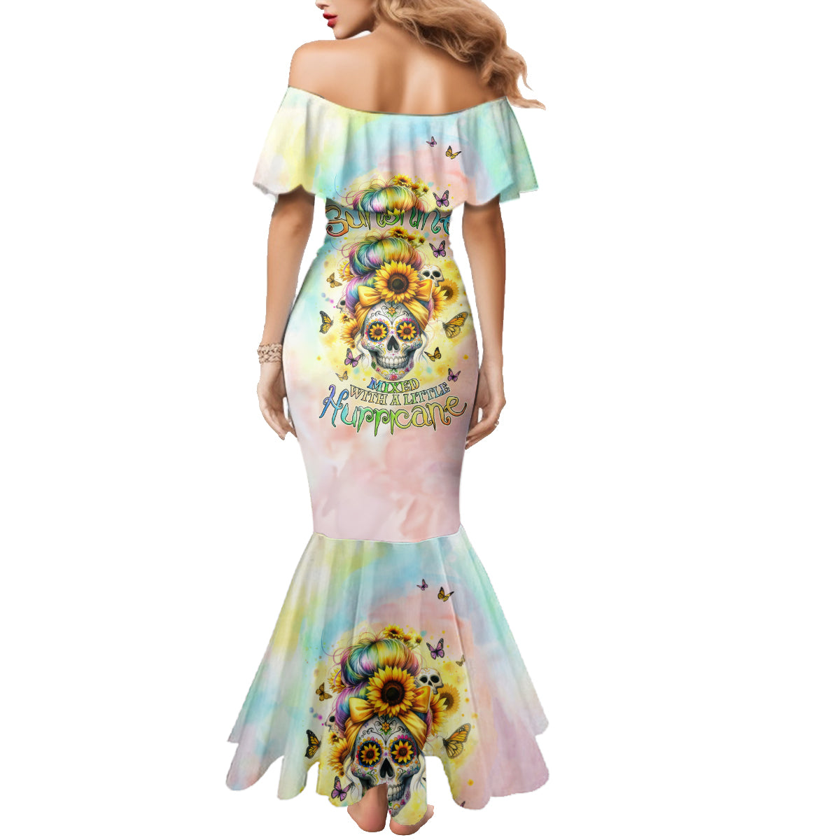Sunflower Skull Family Matching Mermaid Dress and Hawaiian Shirt She Is Sunshine Mixed With A Little Hurricane - Wonder Print Shop