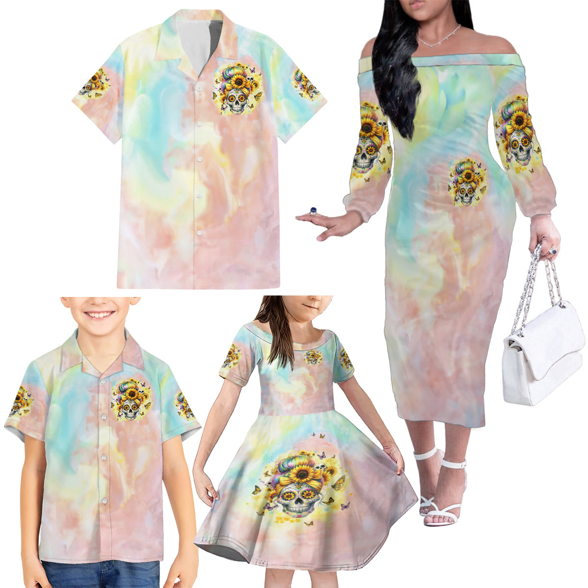 Sunflower Skull Family Matching Off Shoulder Long Sleeve Dress and Hawaiian Shirt She Is Sunshine Mixed With A Little Hurricane - Wonder Print Shop