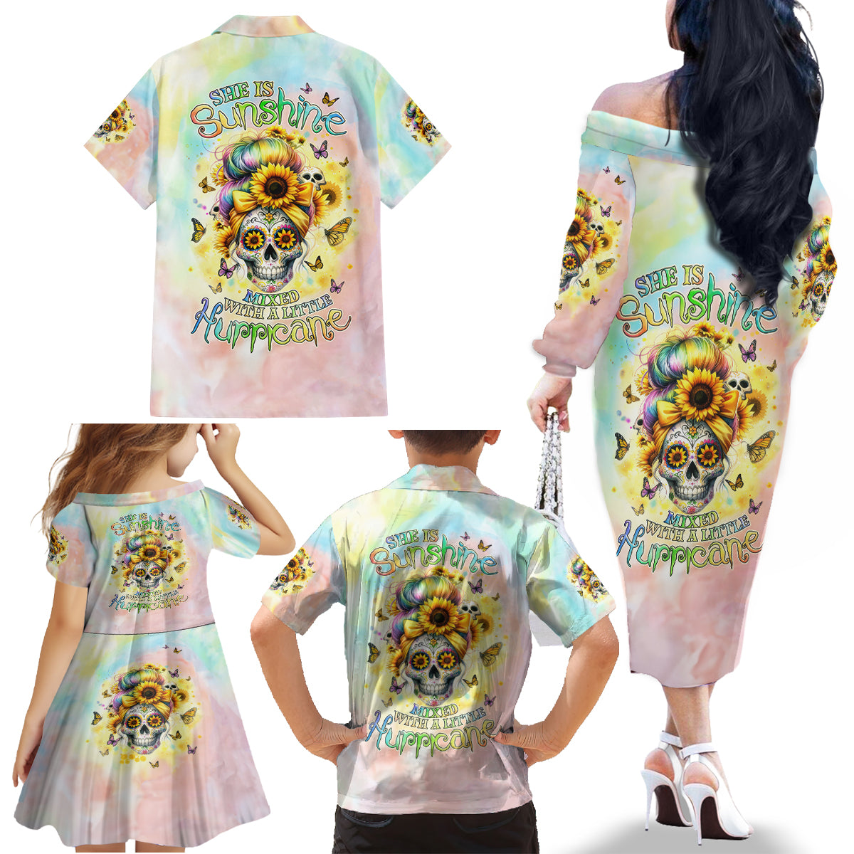 Sunflower Skull Family Matching Off Shoulder Long Sleeve Dress and Hawaiian Shirt She Is Sunshine Mixed With A Little Hurricane - Wonder Print Shop