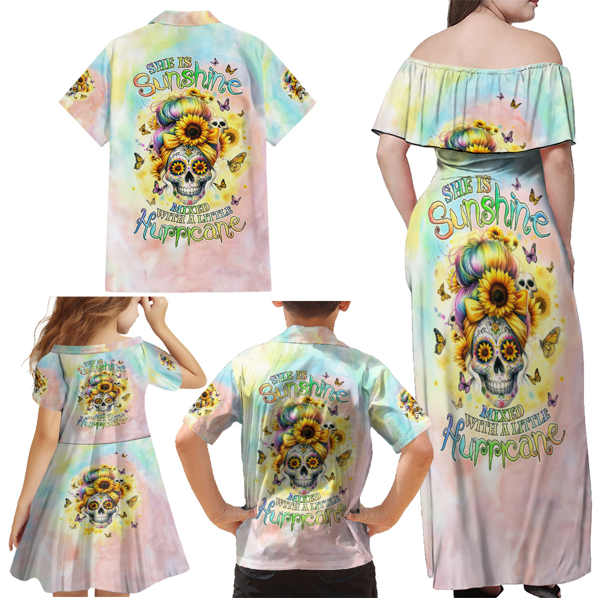 Sunflower Skull Family Matching Off Shoulder Maxi Dress and Hawaiian Shirt She Is Sunshine Mixed With A Little Hurricane - Wonder Print Shop