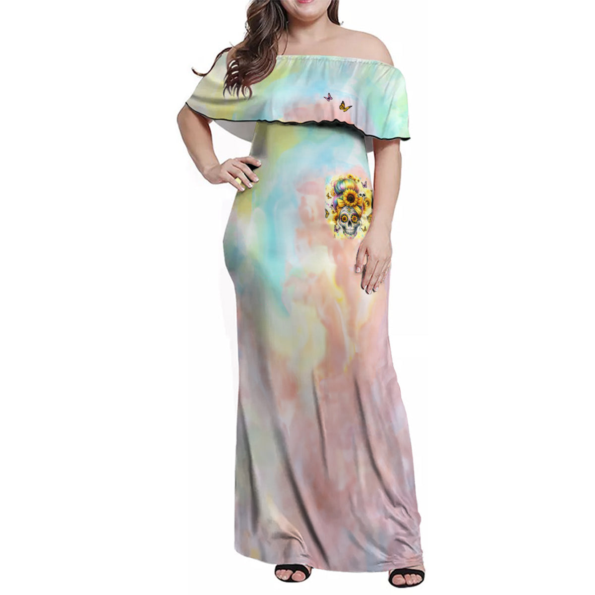 Sunflower Skull Family Matching Off Shoulder Maxi Dress and Hawaiian Shirt She Is Sunshine Mixed With A Little Hurricane - Wonder Print Shop