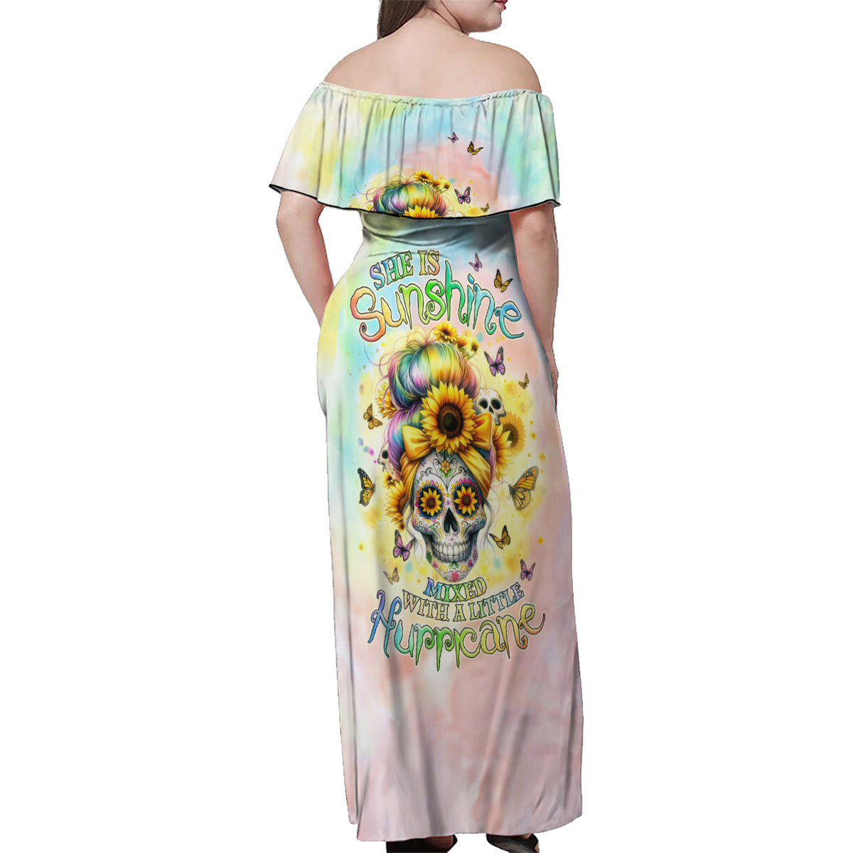 Sunflower Skull Family Matching Off Shoulder Maxi Dress and Hawaiian Shirt She Is Sunshine Mixed With A Little Hurricane - Wonder Print Shop