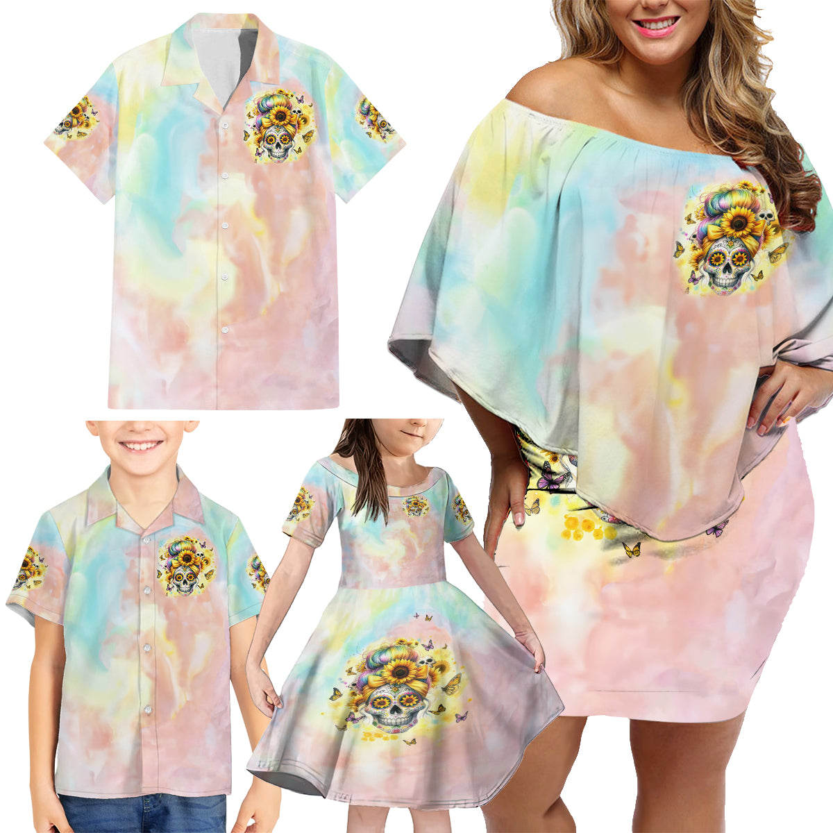 Sunflower Skull Family Matching Off Shoulder Short Dress and Hawaiian Shirt She Is Sunshine Mixed With A Little Hurricane - Wonder Print Shop