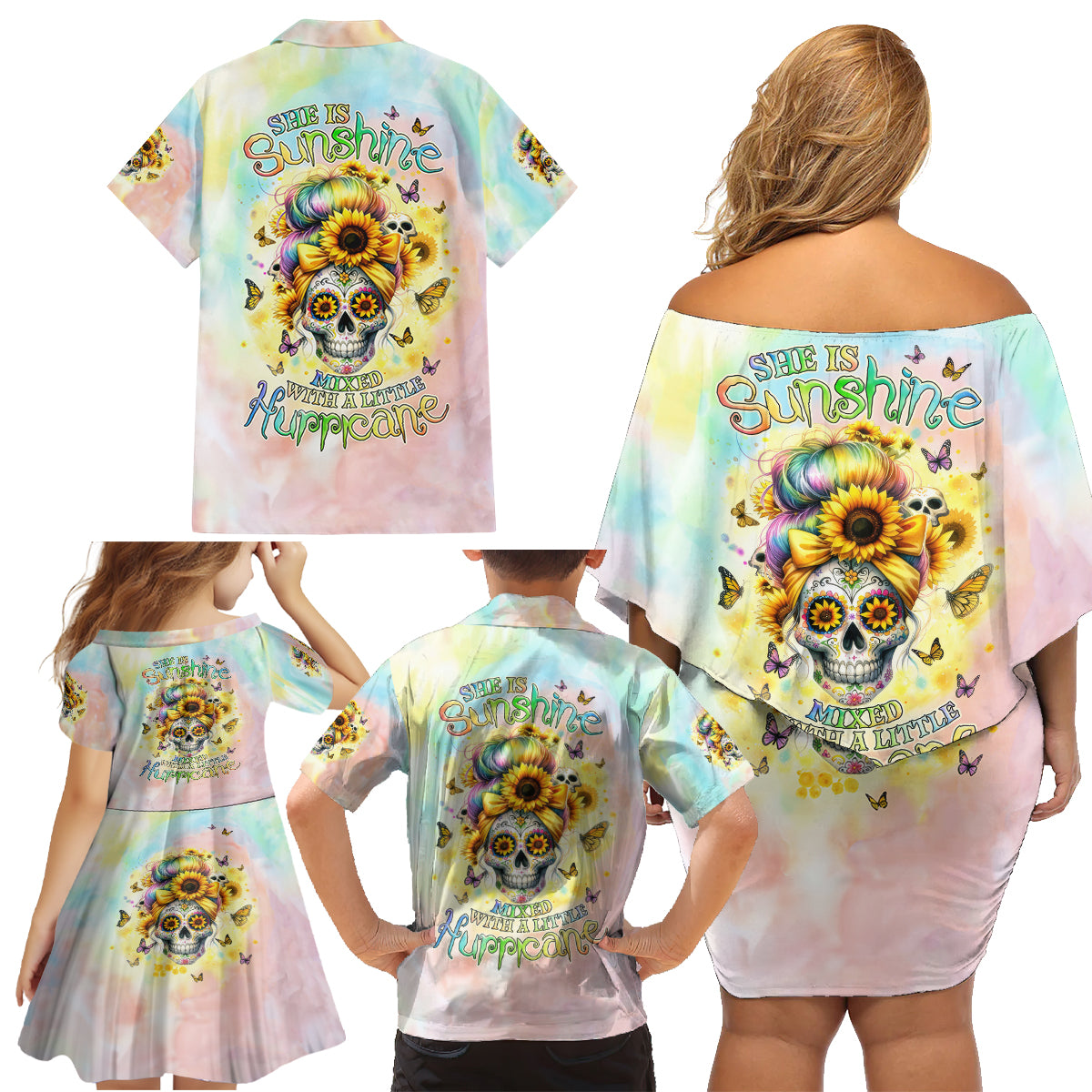 Sunflower Skull Family Matching Off Shoulder Short Dress and Hawaiian Shirt She Is Sunshine Mixed With A Little Hurricane - Wonder Print Shop