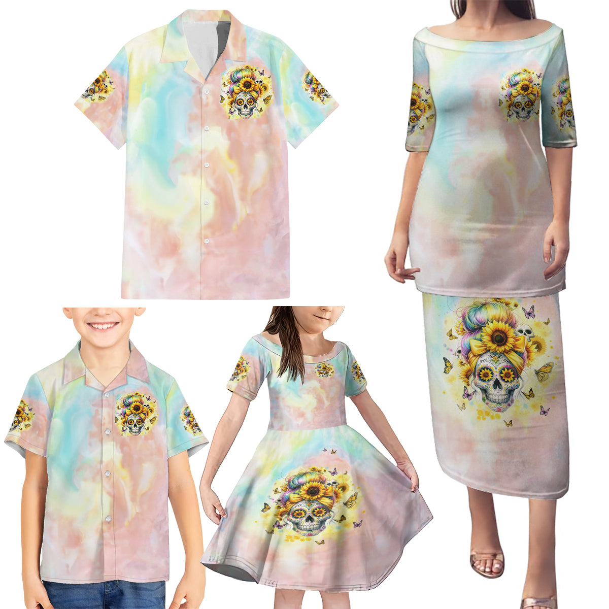 Sunflower Skull Family Matching Puletasi and Hawaiian Shirt She Is Sunshine Mixed With A Little Hurricane - Wonder Print Shop