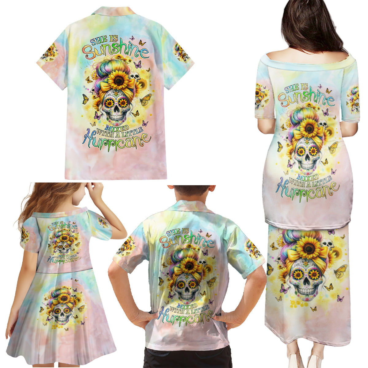 Sunflower Skull Family Matching Puletasi and Hawaiian Shirt She Is Sunshine Mixed With A Little Hurricane - Wonder Print Shop