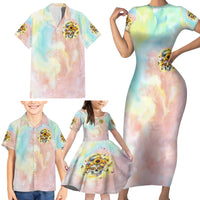Sunflower Skull Family Matching Short Sleeve Bodycon Dress and Hawaiian Shirt She Is Sunshine Mixed With A Little Hurricane - Wonder Print Shop