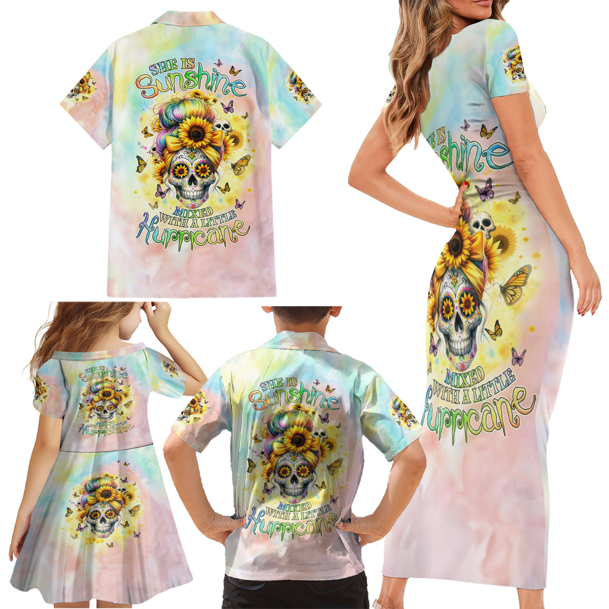 Sunflower Skull Family Matching Short Sleeve Bodycon Dress and Hawaiian Shirt She Is Sunshine Mixed With A Little Hurricane - Wonder Print Shop