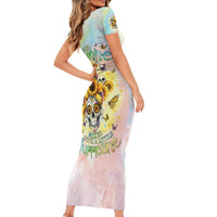 Sunflower Skull Family Matching Short Sleeve Bodycon Dress and Hawaiian Shirt She Is Sunshine Mixed With A Little Hurricane - Wonder Print Shop