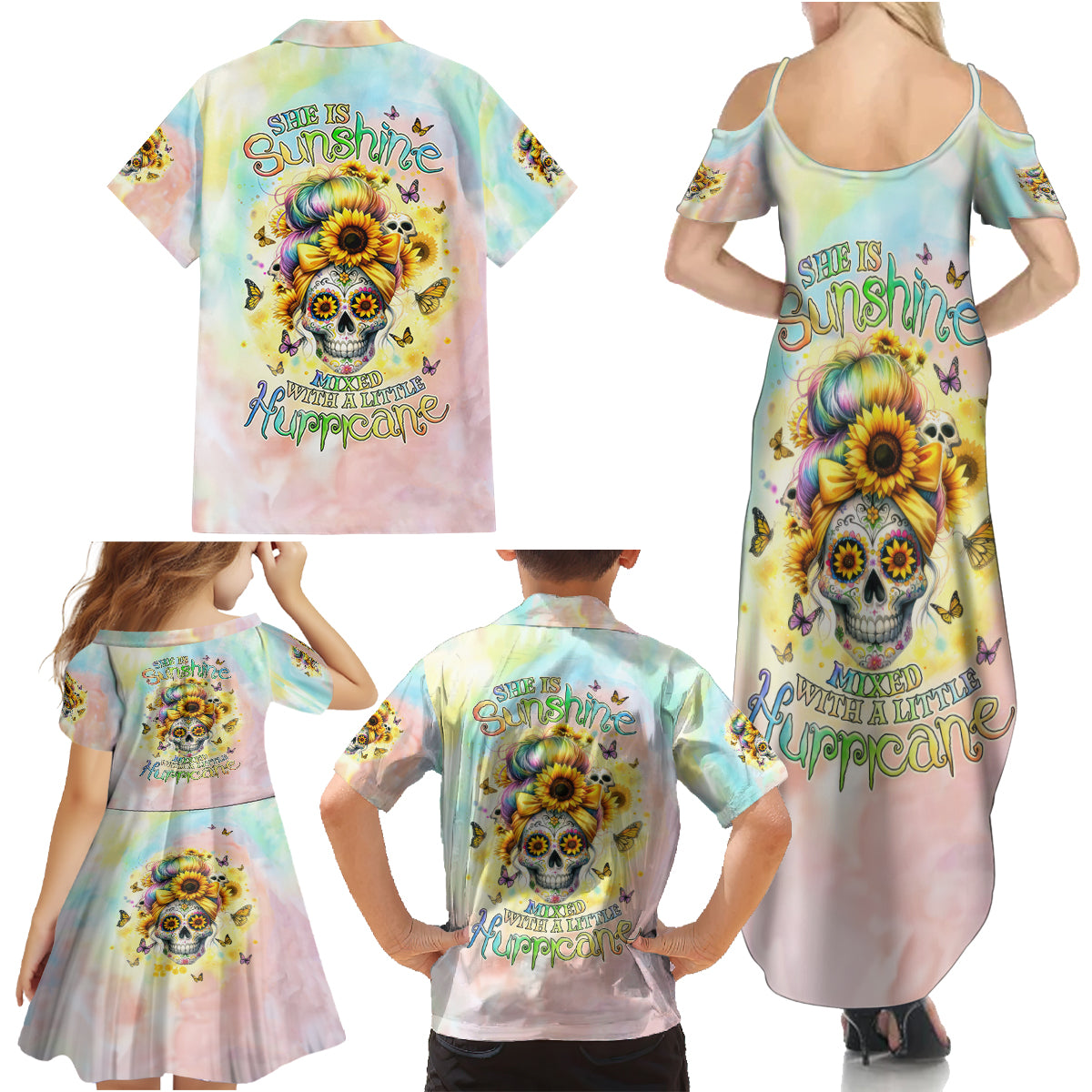 Sunflower Skull Family Matching Summer Maxi Dress and Hawaiian Shirt She Is Sunshine Mixed With A Little Hurricane - Wonder Print Shop