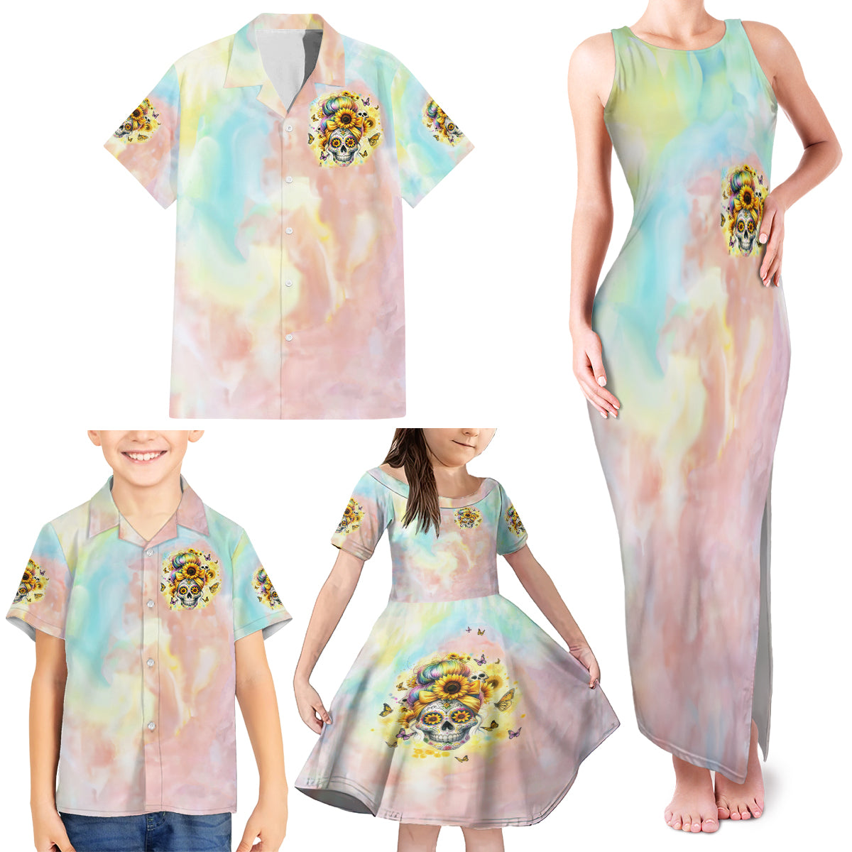 Sunflower Skull Family Matching Tank Maxi Dress and Hawaiian Shirt She Is Sunshine Mixed With A Little Hurricane - Wonder Print Shop