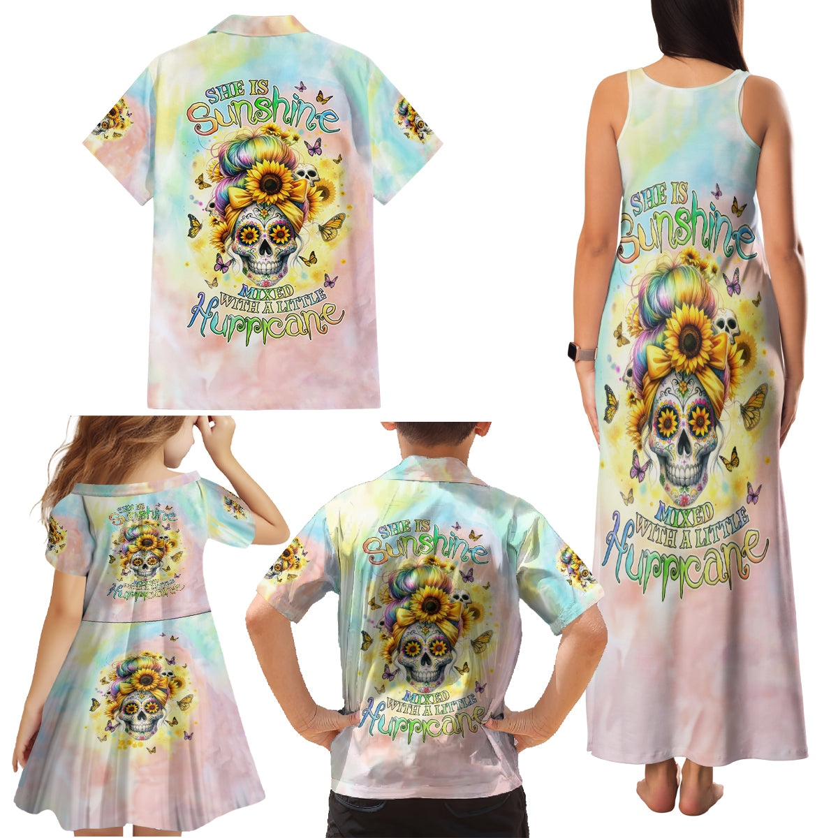 Sunflower Skull Family Matching Tank Maxi Dress and Hawaiian Shirt She Is Sunshine Mixed With A Little Hurricane - Wonder Print Shop
