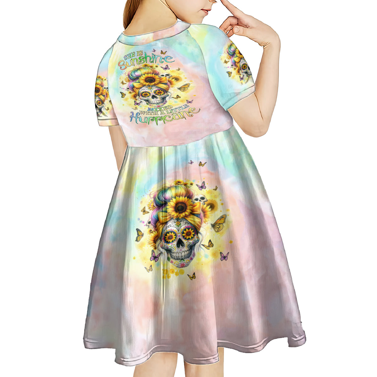 Sunflower Skull Kid Short Sleeve Dress She Is Sunshine Mixed With A Little Hurricane - Wonder Print Shop