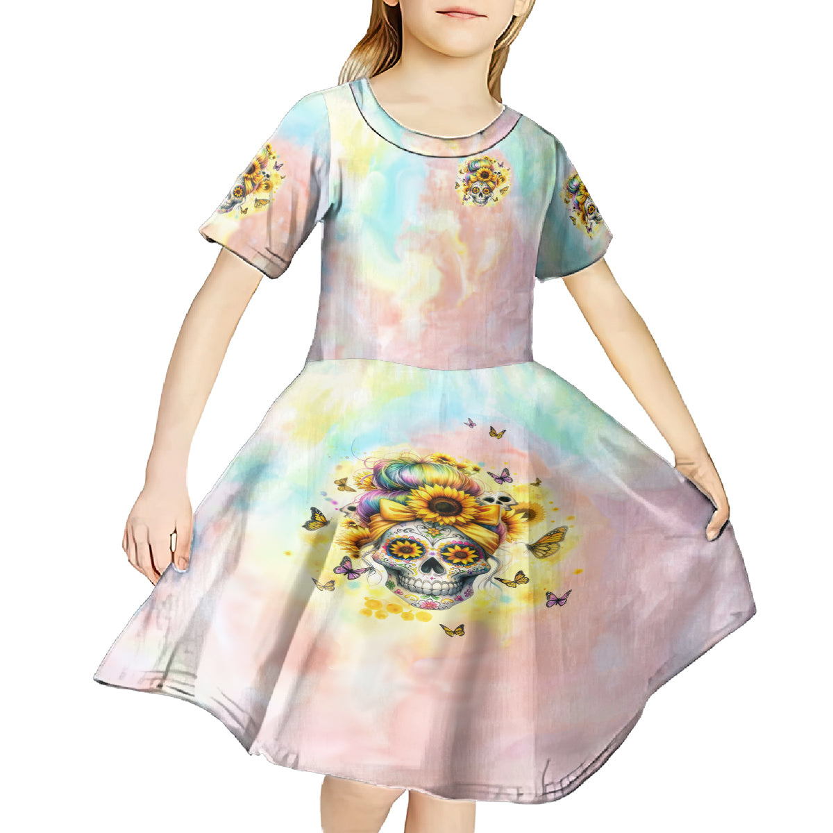 Sunflower Skull Kid Short Sleeve Dress She Is Sunshine Mixed With A Little Hurricane - Wonder Print Shop