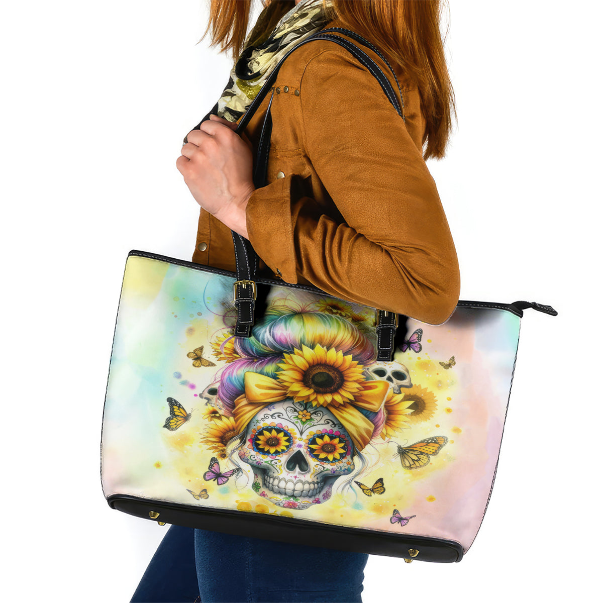 Sunflower Skull Leather Tote Bag She Is Sunshine Mixed With A Little Hurricane - Wonder Print Shop
