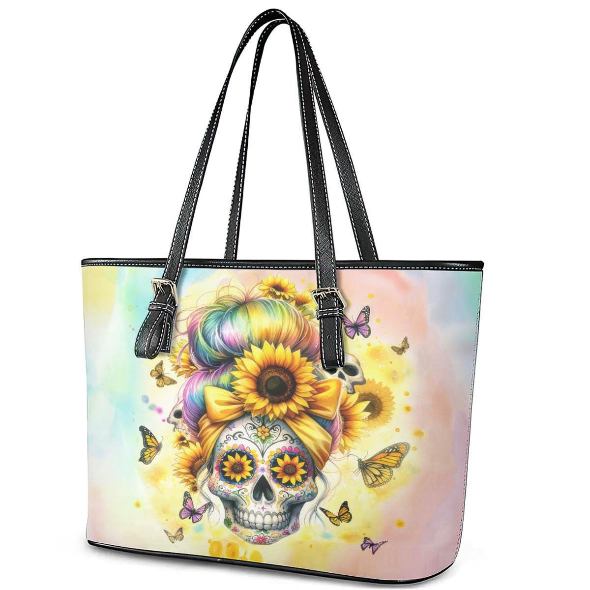 Sunflower Skull Leather Tote Bag She Is Sunshine Mixed With A Little Hurricane - Wonder Print Shop