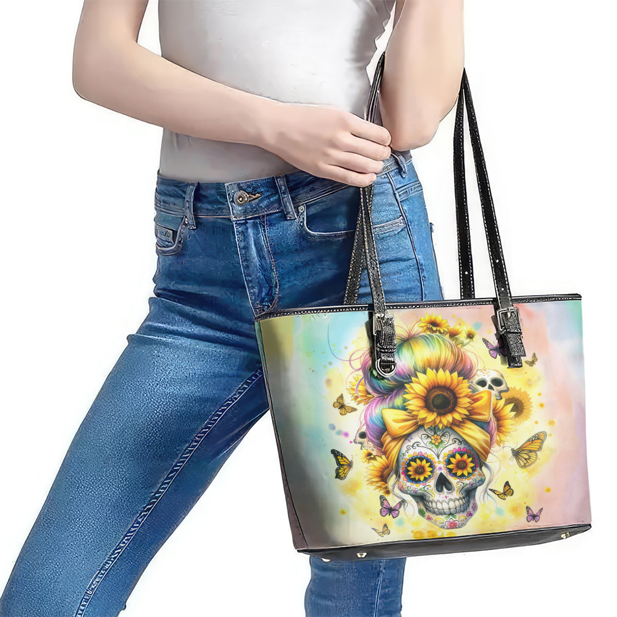 Sunflower Skull Leather Tote Bag She Is Sunshine Mixed With A Little Hurricane - Wonder Print Shop