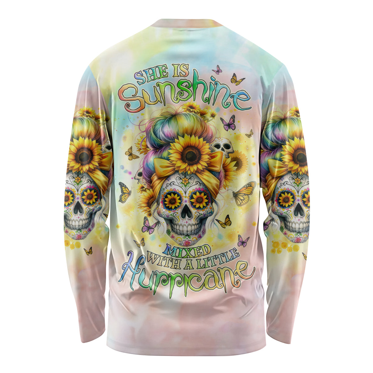 Sunflower Skull Long Sleeve Shirt She Is Sunshine Mixed With A Little Hurricane - Wonder Print Shop