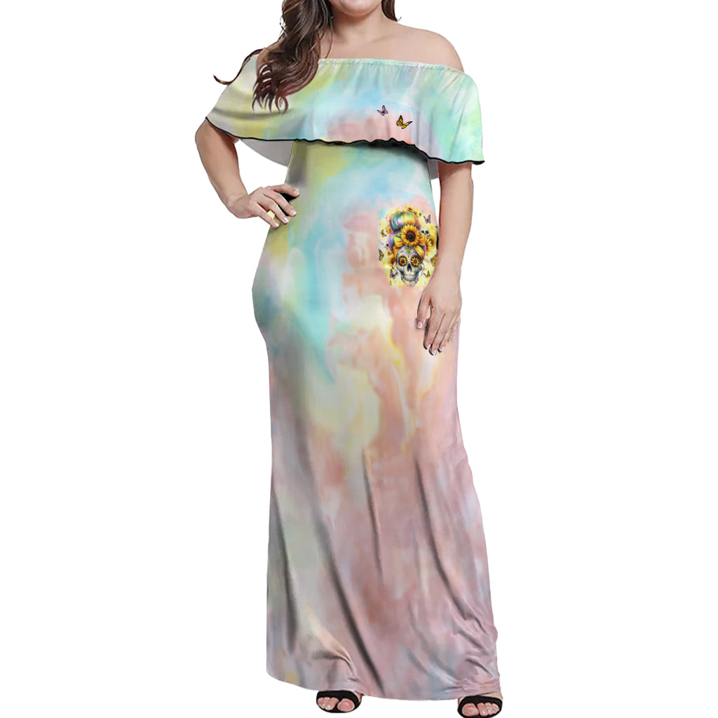 Sunflower Skull Off Shoulder Maxi Dress She Is Sunshine Mixed With A Little Hurricane - Wonder Print Shop