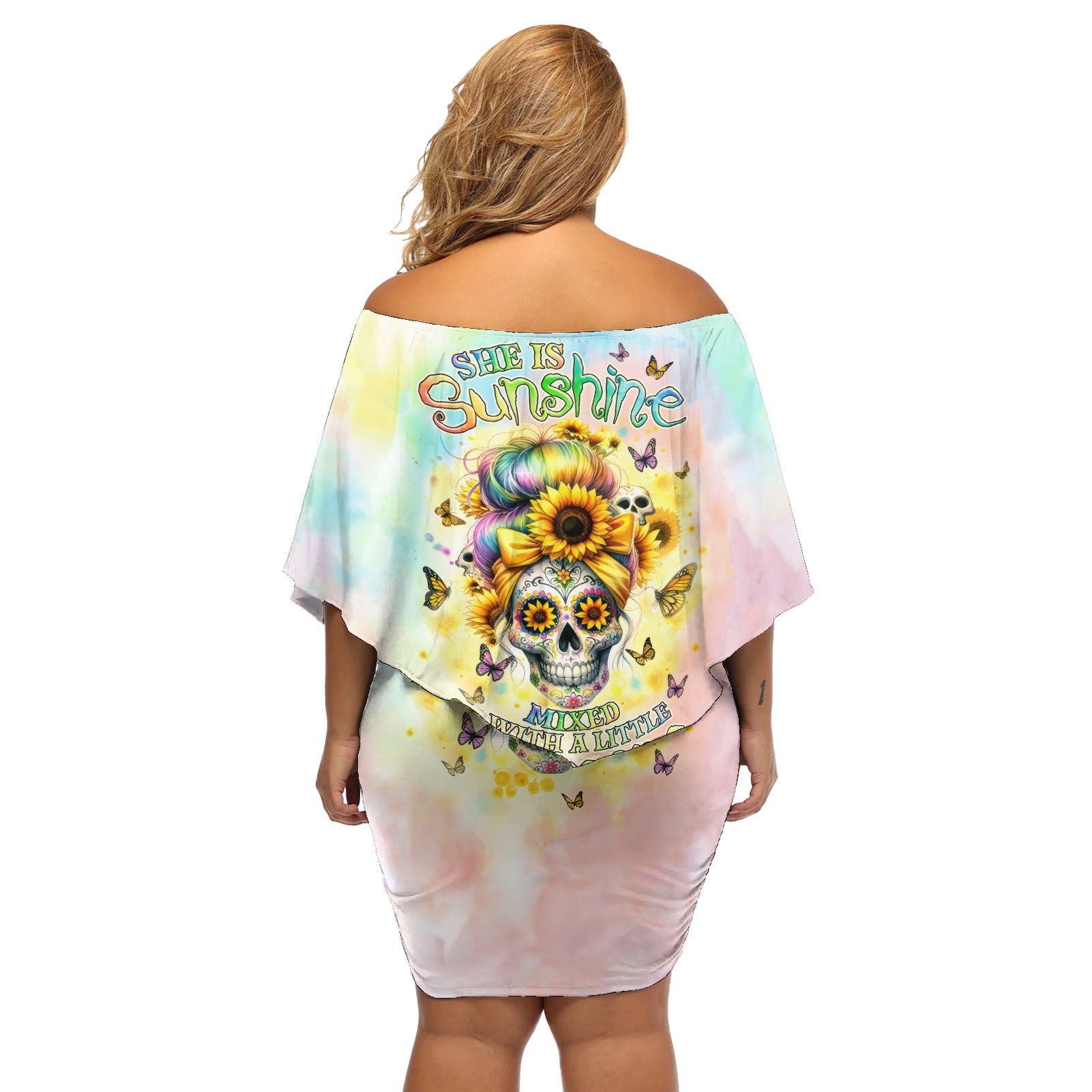 Sunflower Skull Off Shoulder Short Dress She Is Sunshine Mixed With A Little Hurricane - Wonder Print Shop