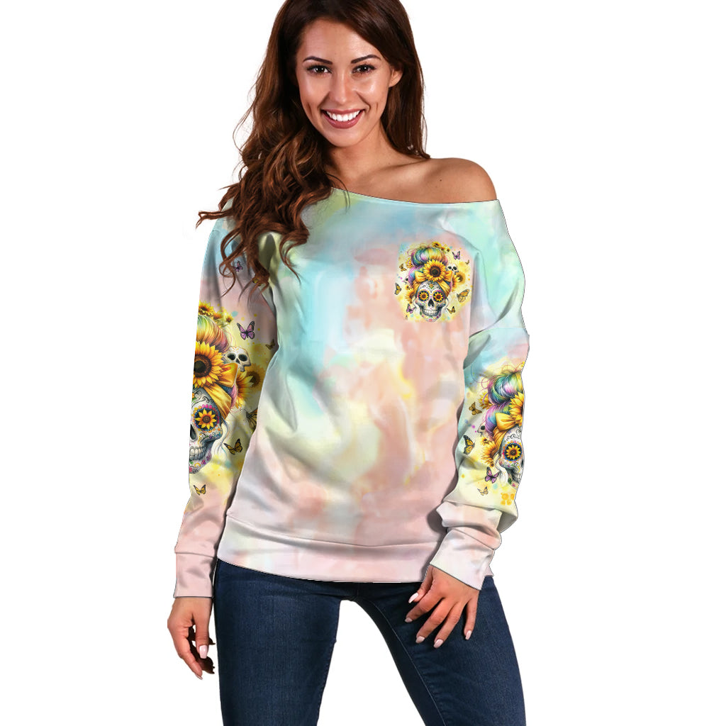 Sunflower Skull Off Shoulder Sweater She Is Sunshine Mixed With A Little Hurricane - Wonder Print Shop