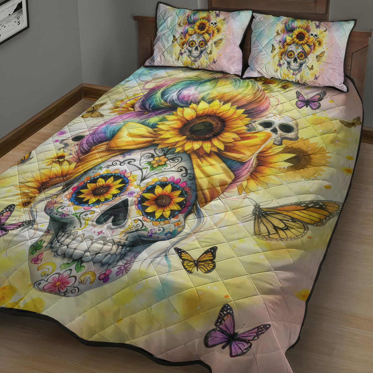 Sunflower Skull Quilt Bed Set She Is Sunshine Mixed With A Little Hurricane - Wonder Print Shop