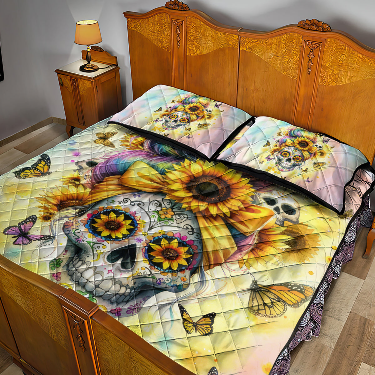 Sunflower Skull Quilt Bed Set She Is Sunshine Mixed With A Little Hurricane - Wonder Print Shop