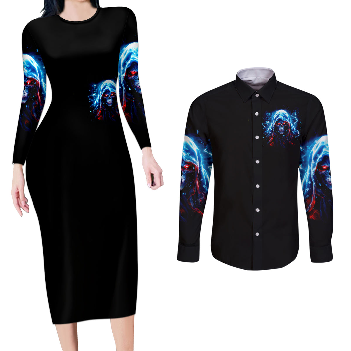 Thunder Skull Couples Matching Long Sleeve Bodycon Dress and Long Sleeve Button Shirt I'm Not Anti Social I'm Just Not User Friendly - Wonder Print Shop
