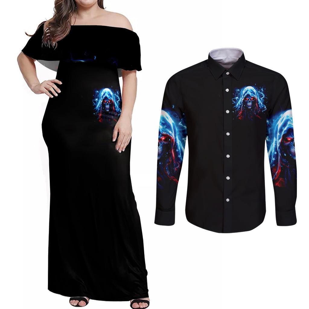 Thunder Skull Couples Matching Off Shoulder Maxi Dress and Long Sleeve Button Shirt I'm Not Anti Social I'm Just Not User Friendly - Wonder Print Shop